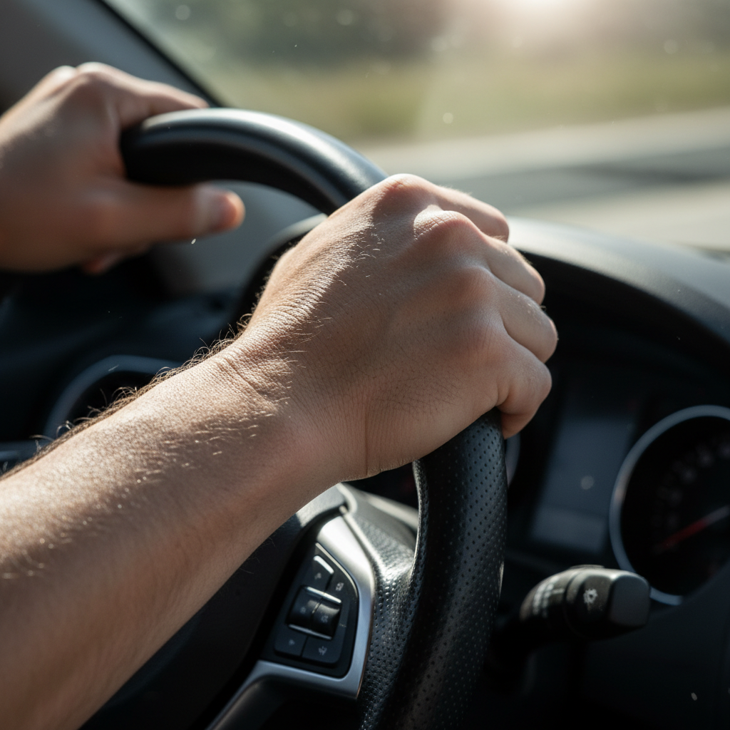 Close-up of knuckles gripping a steering wheel mid-drift
