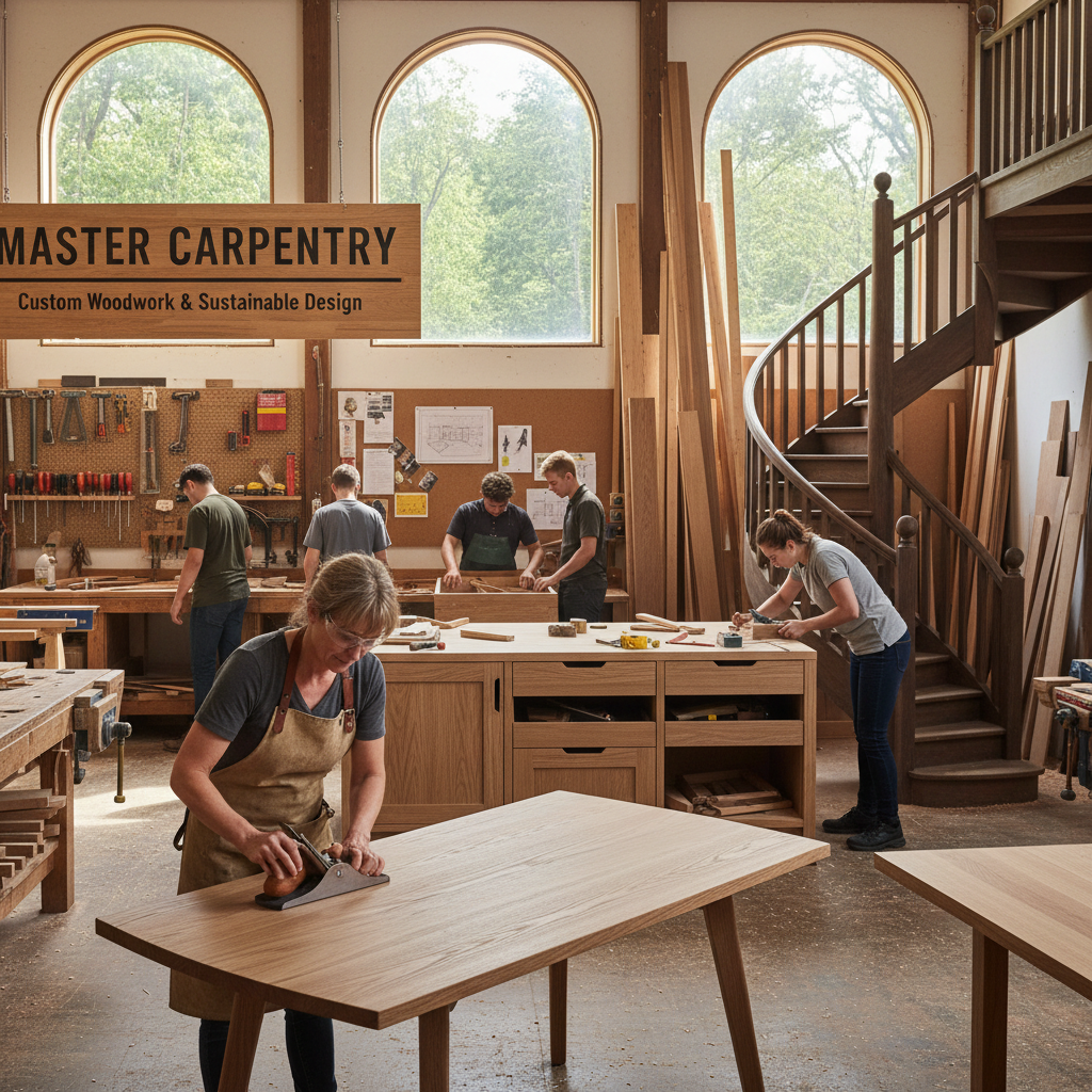 Artisan woodworker crafting a custom arch in a warm workshop with natural timber and fine tools