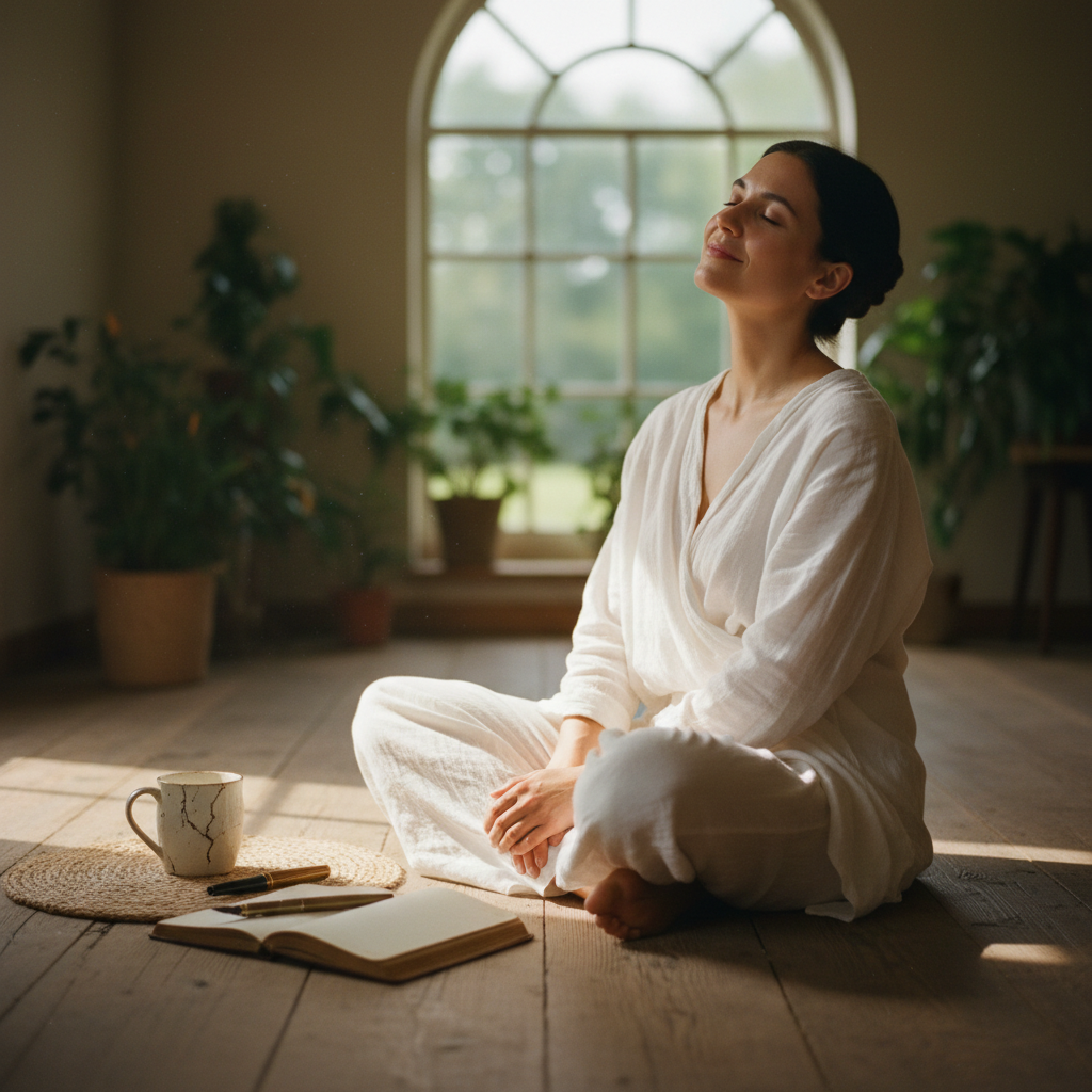 Person journaling outdoors in peaceful garden, clear sky, morning light, sense of calm and reflection