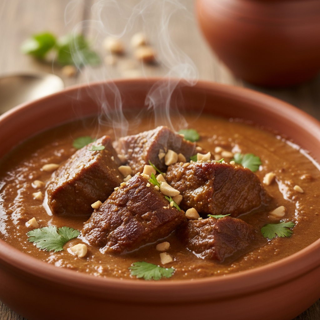 Deep brown peanut butter stew with visible chunks of braised meat, steam rising