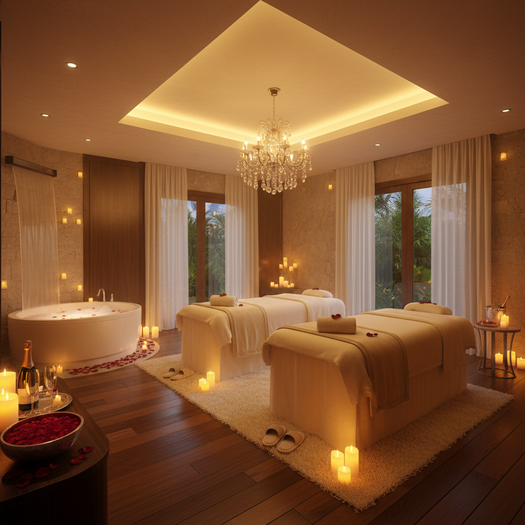 Candle-lit couples massage suite with two side-by-side treatment tables