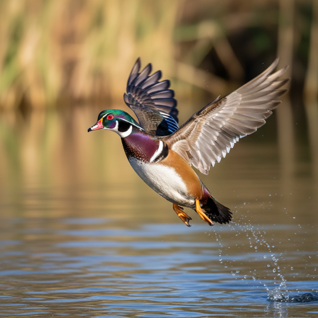 Wood duck in full-body flight mount, wings spread mid-arc, feathers individually positioned
