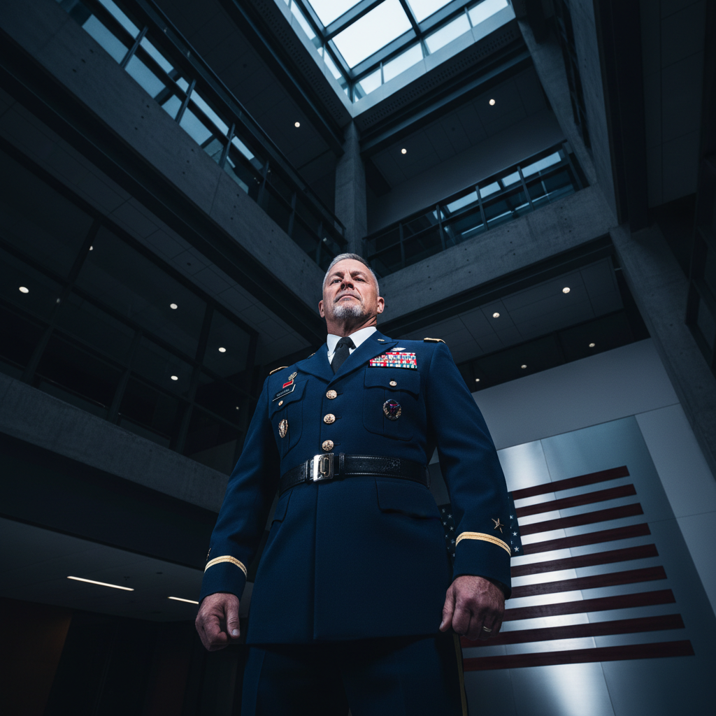Military veterans in formal attire standing at attention, sharp and disciplined, dark professional environment, dim lighting with strong shadows, authoritative presence