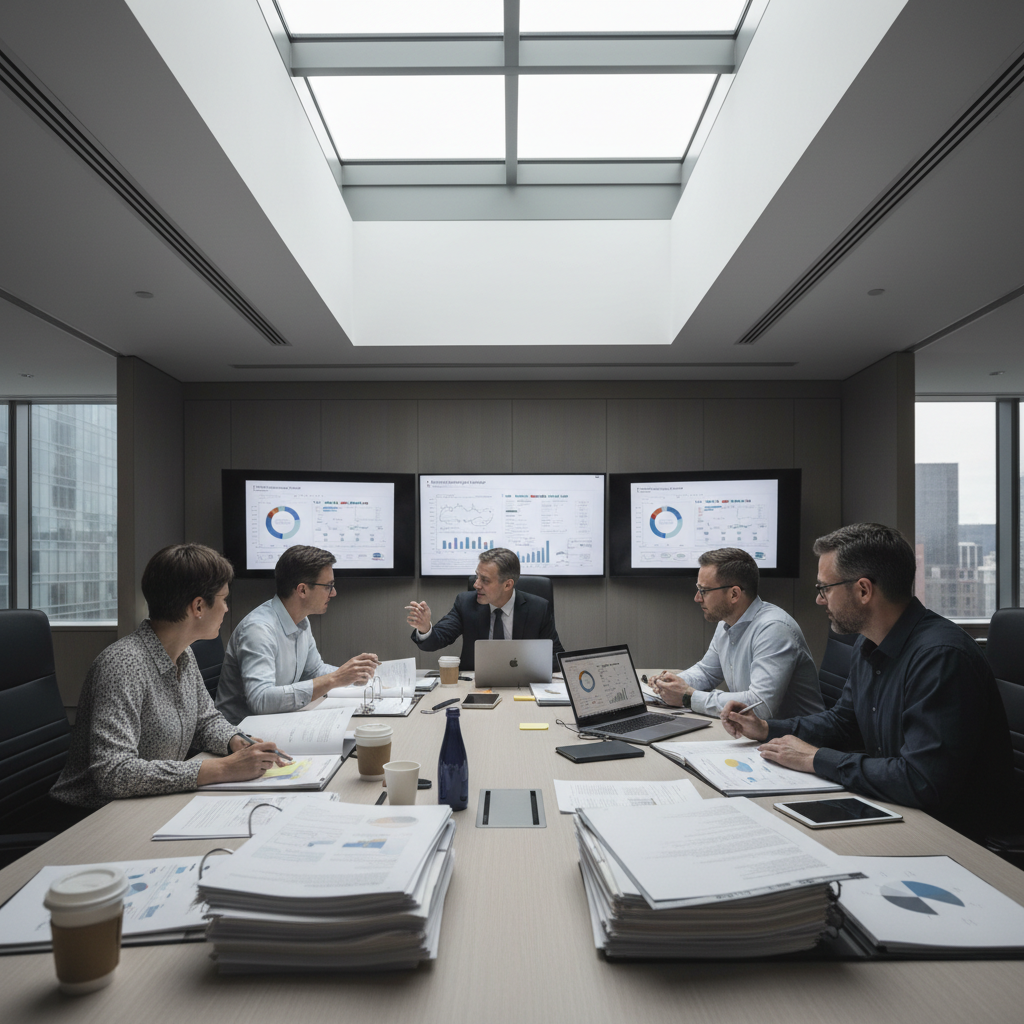 Multi-specialty dental group practice team meeting in professional conference room reviewing operational reports