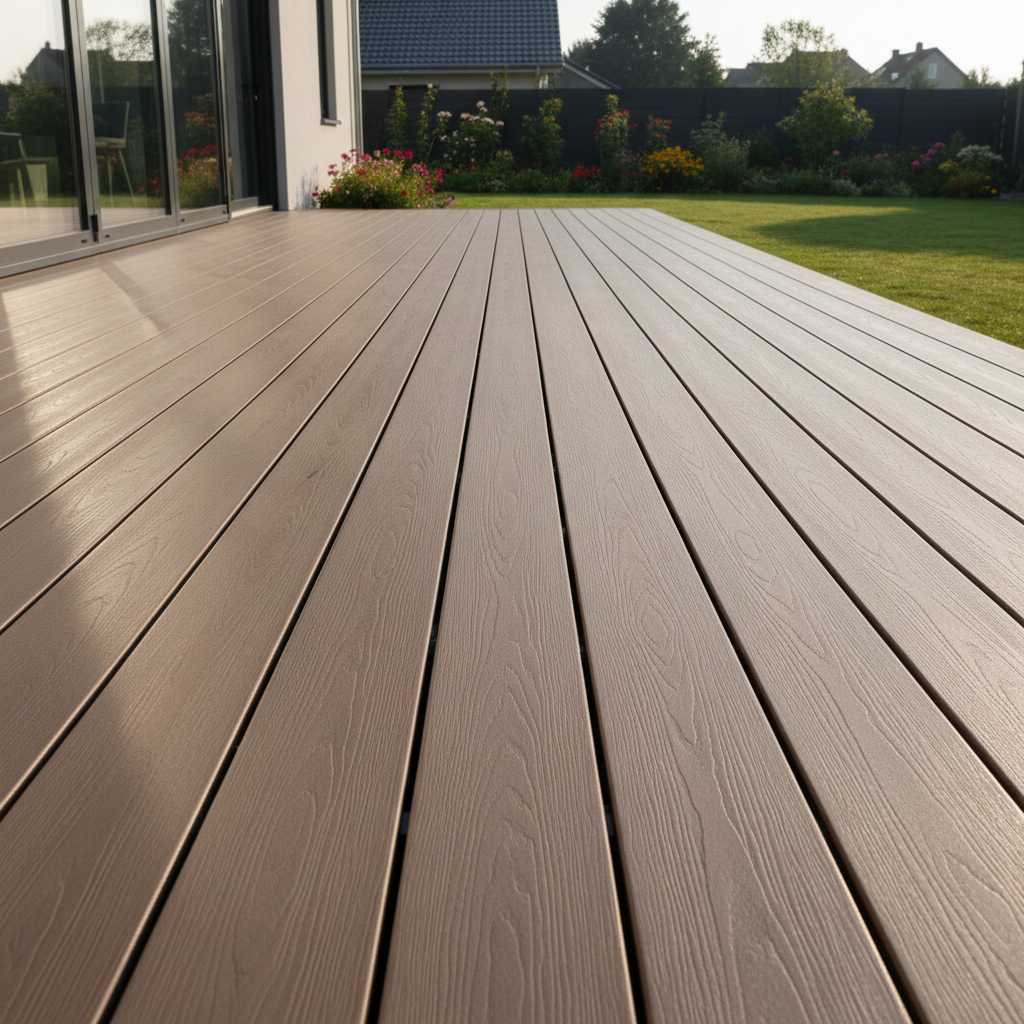 Freshly installed composite deck boards showing uniform color and clean grain texture