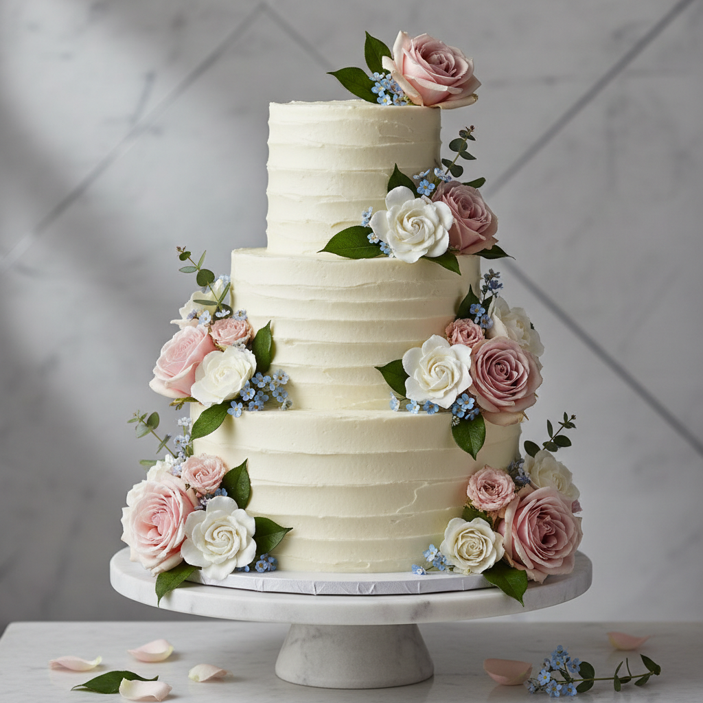 Elegant multi-layer celebration cake with cream frosting and flower decorations on rustic table