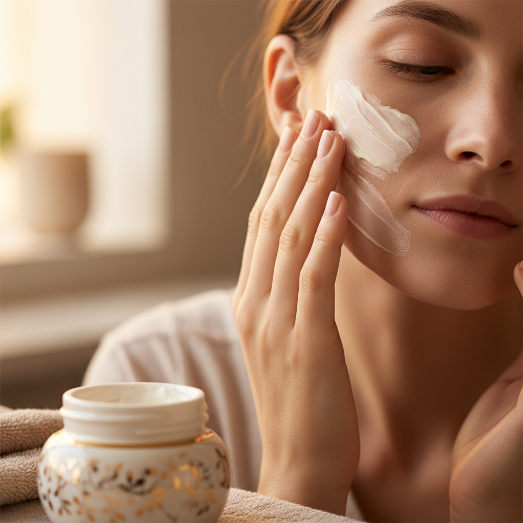 Woman applying luxury face cream from elegant glass jar
