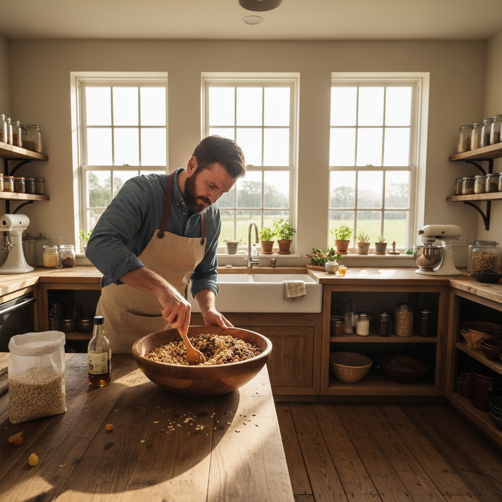 Marcus Oduya, granola maker, in an artisan kitchen with wooden counters and natural light
