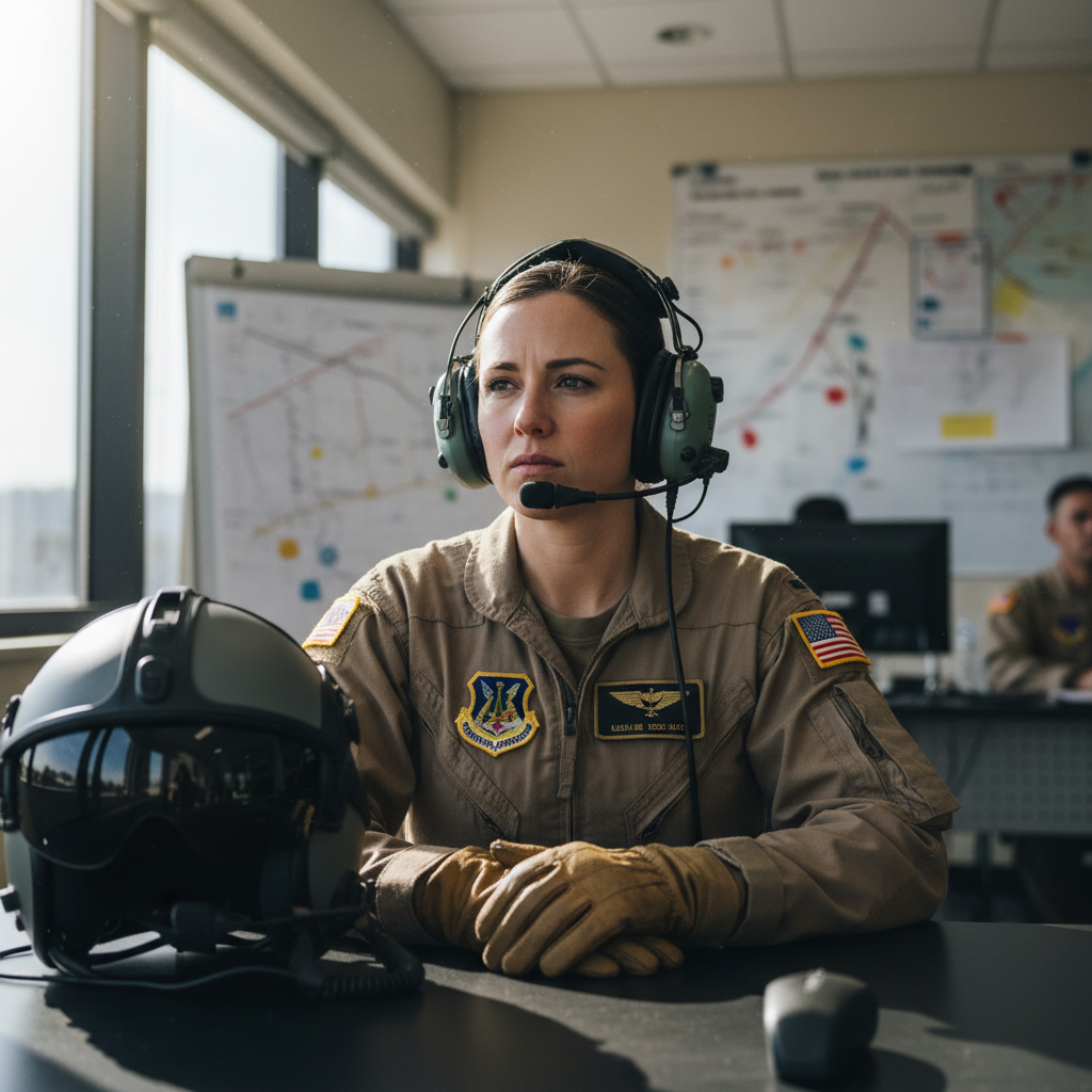 Military helicopter pilot in flight gear during briefing
