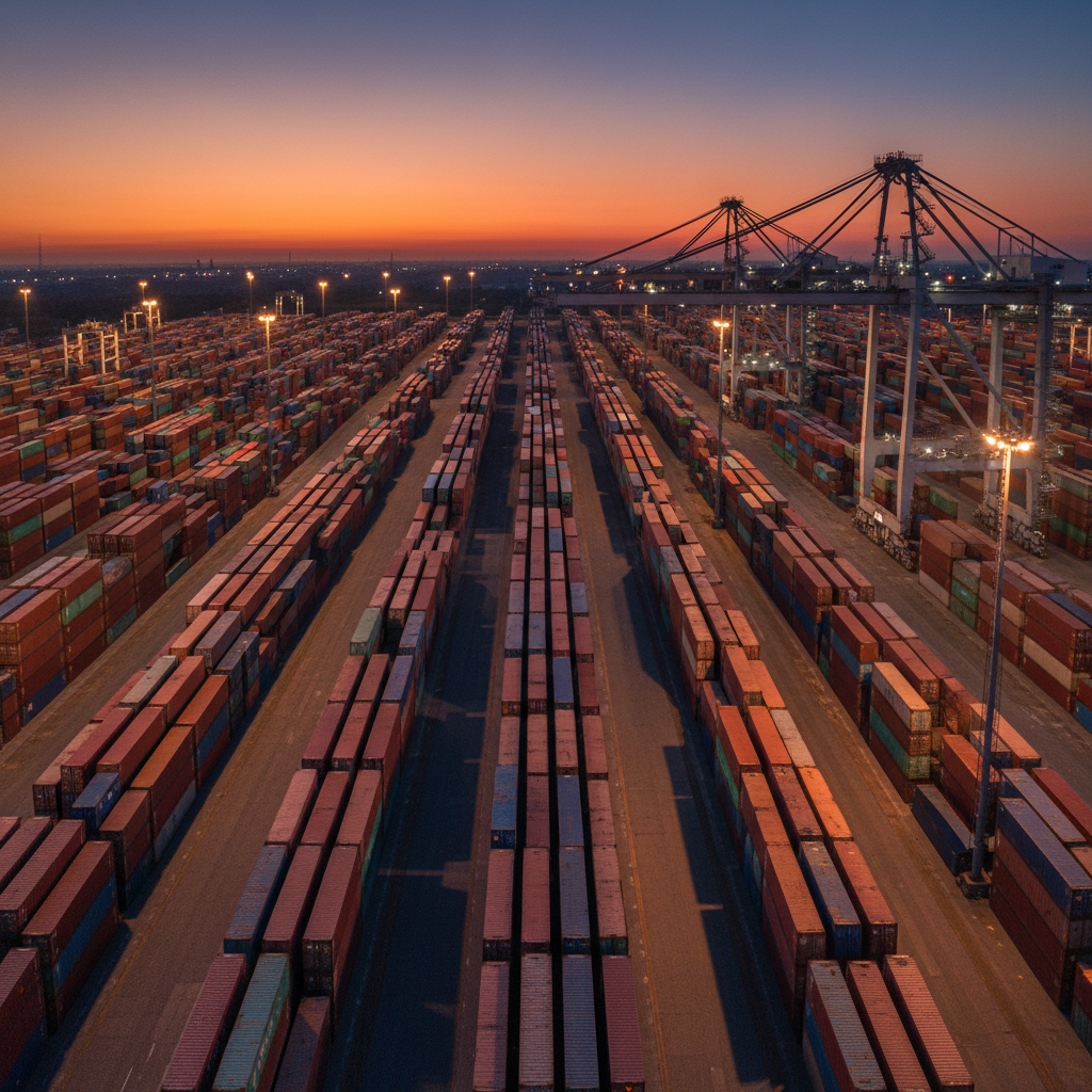 Aerial view of container yard at dusk — stacked shipping containers forming a geometric grid, sodium lights casting amber shadows between rows, a single crane arm reaching across the frame