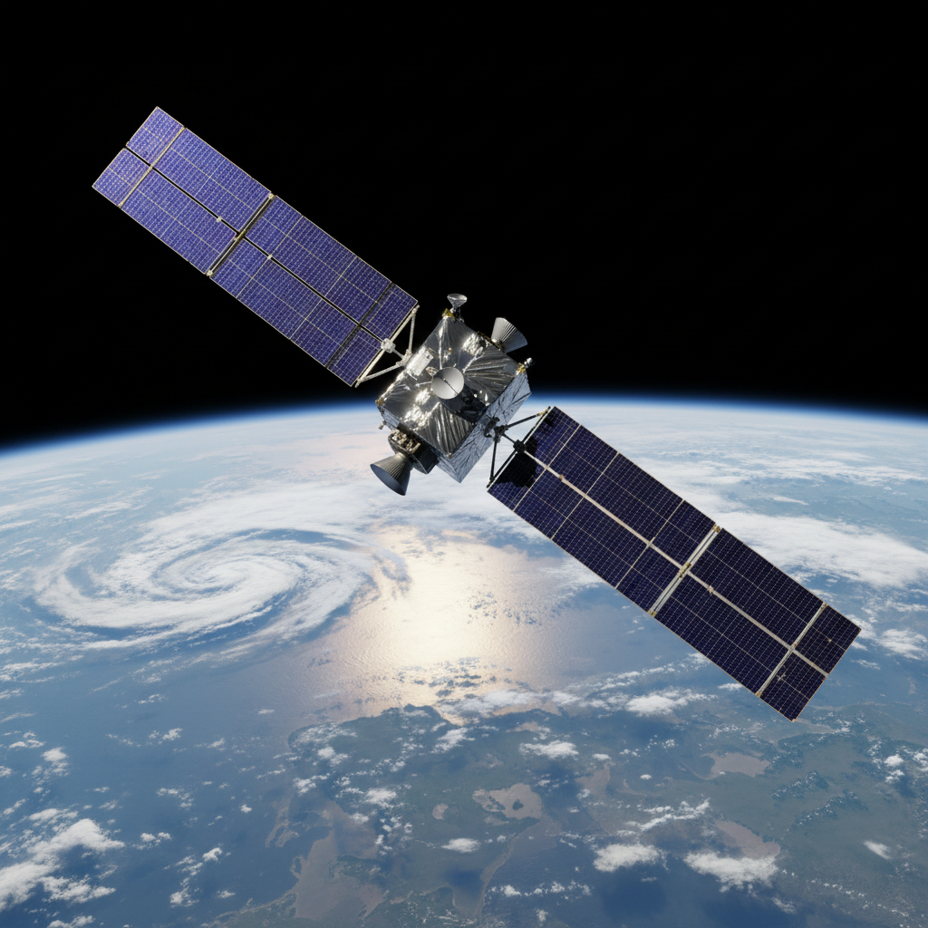 Earth from orbit, bright blue ocean with white cloud patterns, sun rising over curved horizon, deep black space above