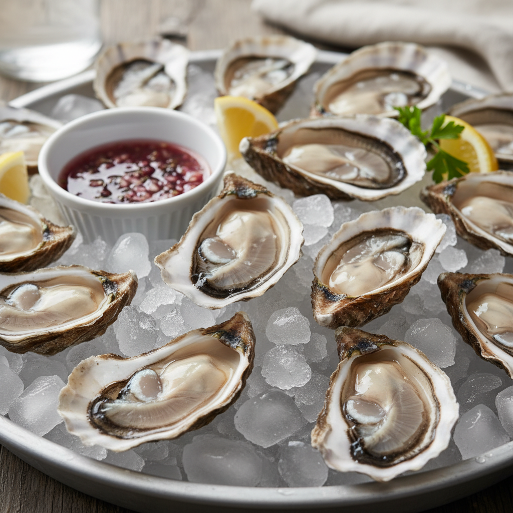 Platter of fresh oysters on ice with lemon and mignonette