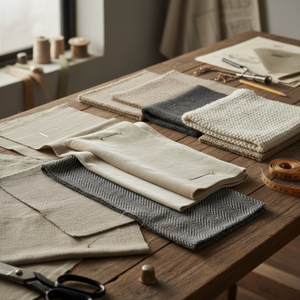 Fabric swatches in neutral tones laid out on white table, material selection process