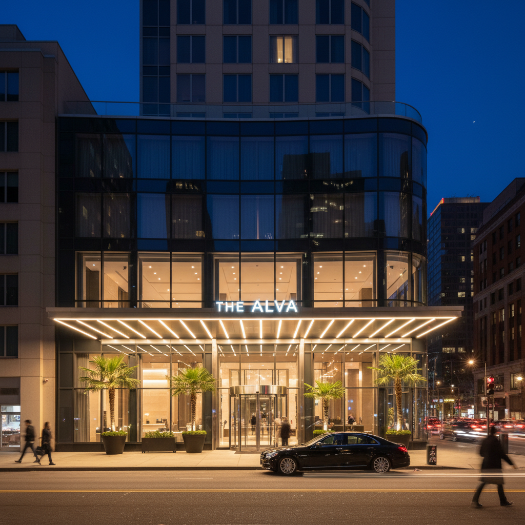 Modern international hotel exterior with illuminated facade and professional entrance at night