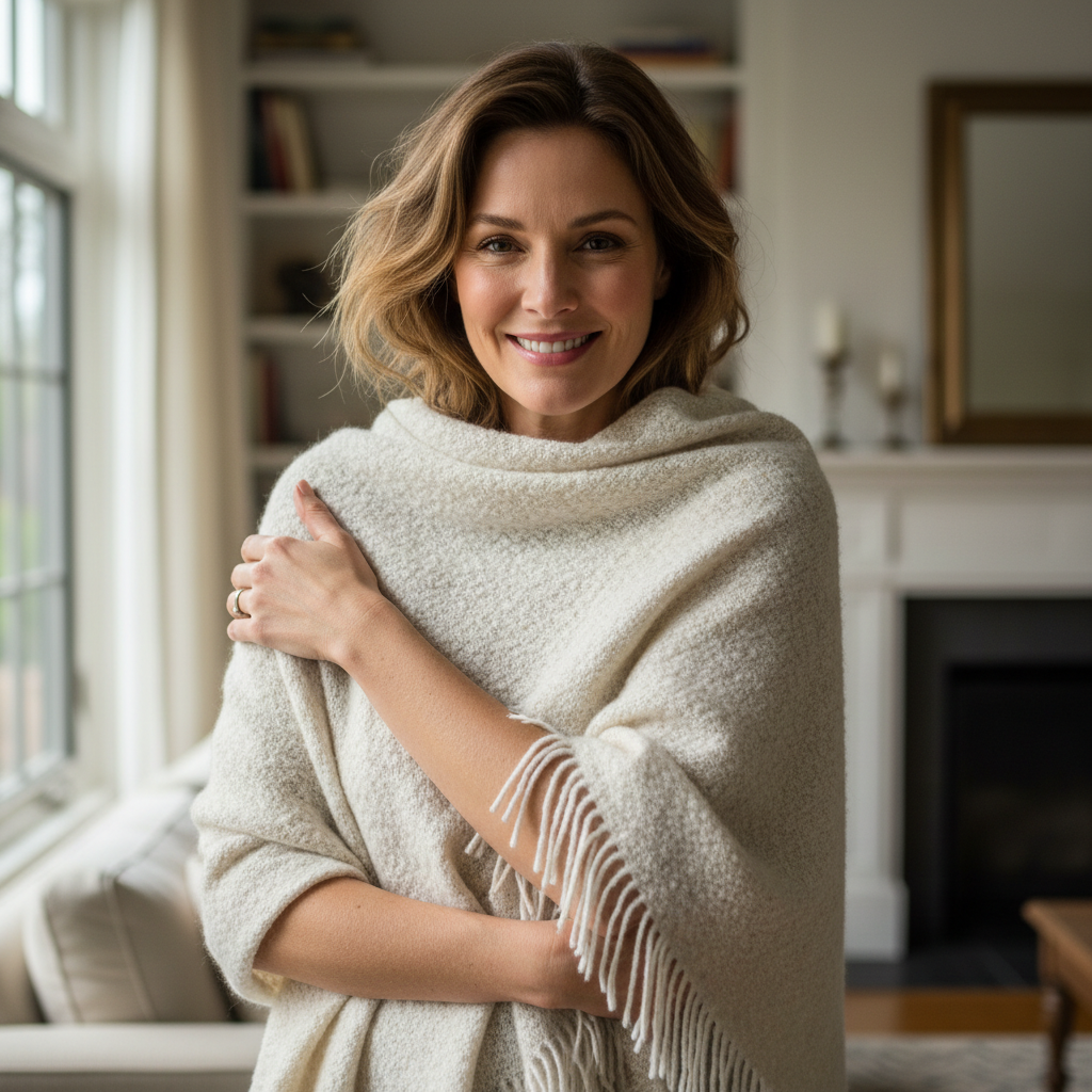 Sofia Reyes, Denver customer wearing wrap cardigan in warm tones, relaxed smile, cozy home setting