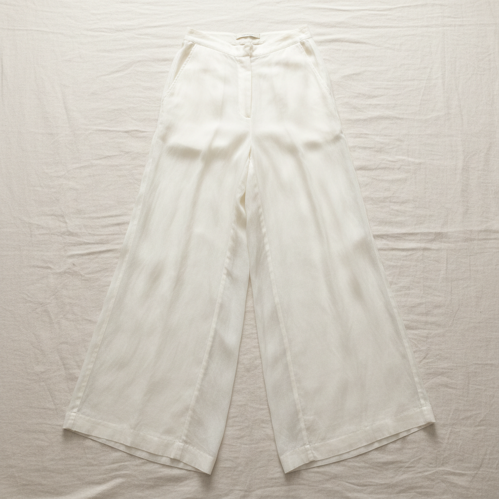 Slate grey silk trousers with wide leg silhouette laid flat on a clean white surface