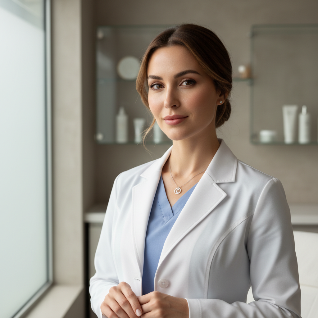 Professional photo of female aesthetic specialist smiling in clinical white coat