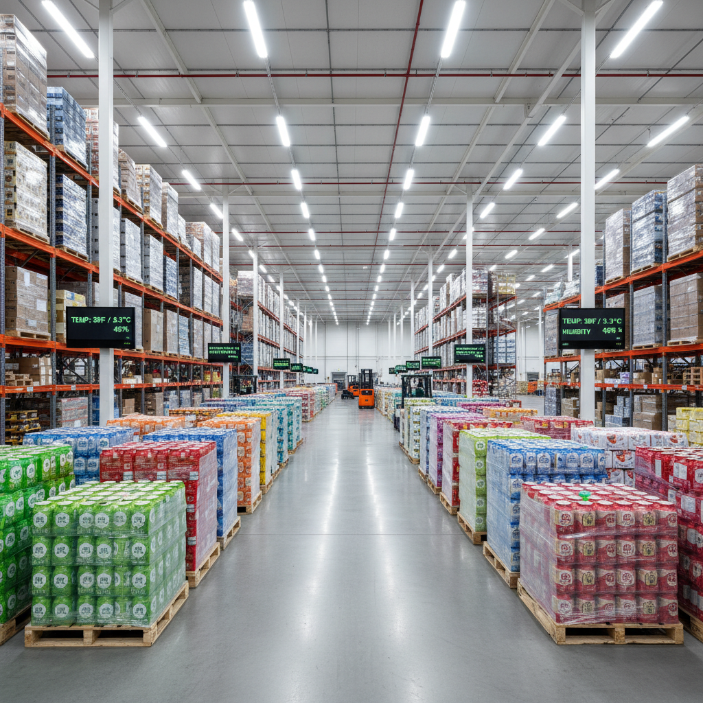 Wide-angle view of a large climate-controlled warehouse with rows of stacked pallets of packaged beverage products reaching ceiling height