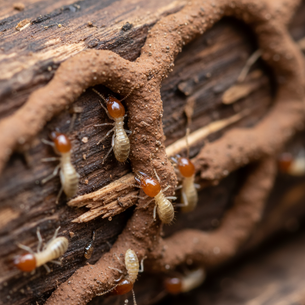Macro close-up of subterranean termites building mud tubes on damaged wood