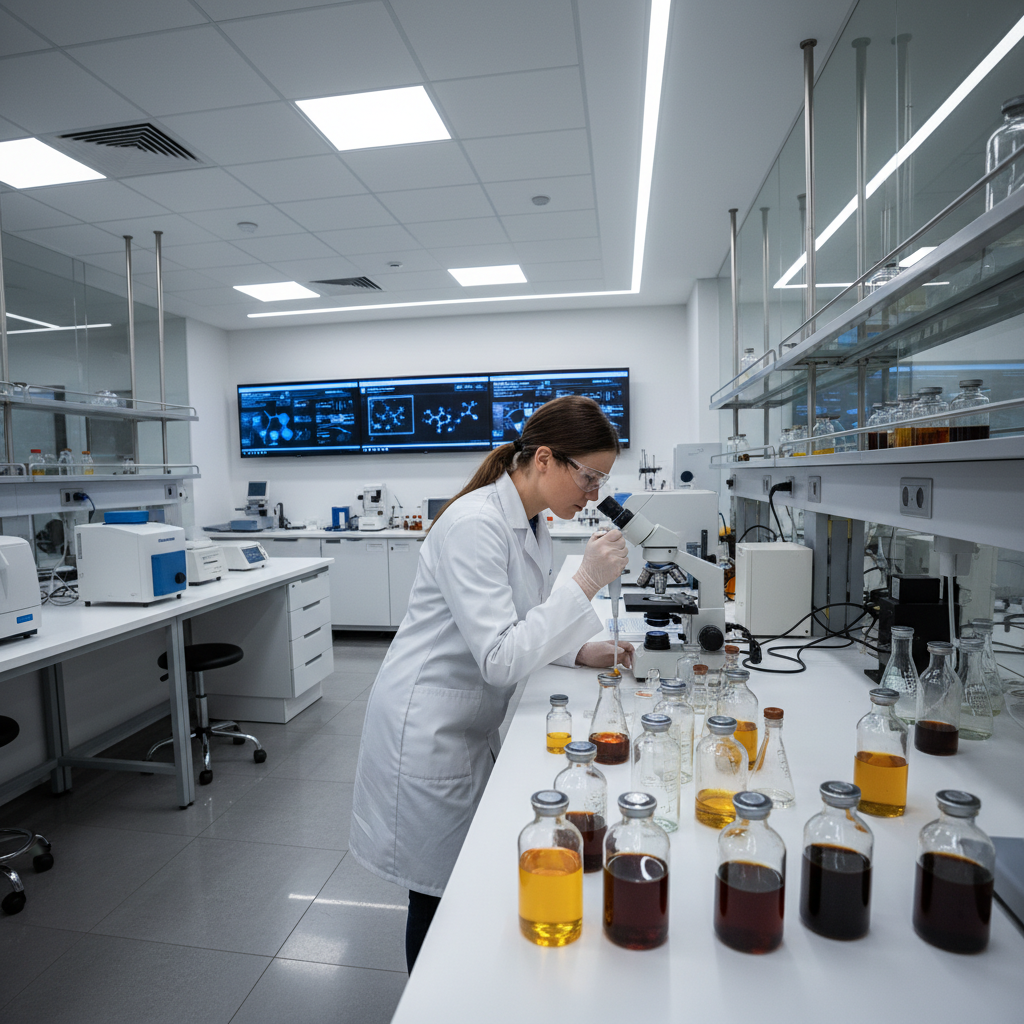 Oil sample undergoing quality testing in a chemical analysis laboratory with precision instruments