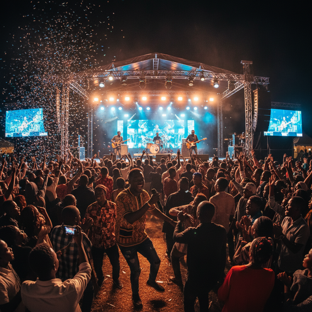 Nairobi outdoor concert venue with stage lights and audience silhouettes