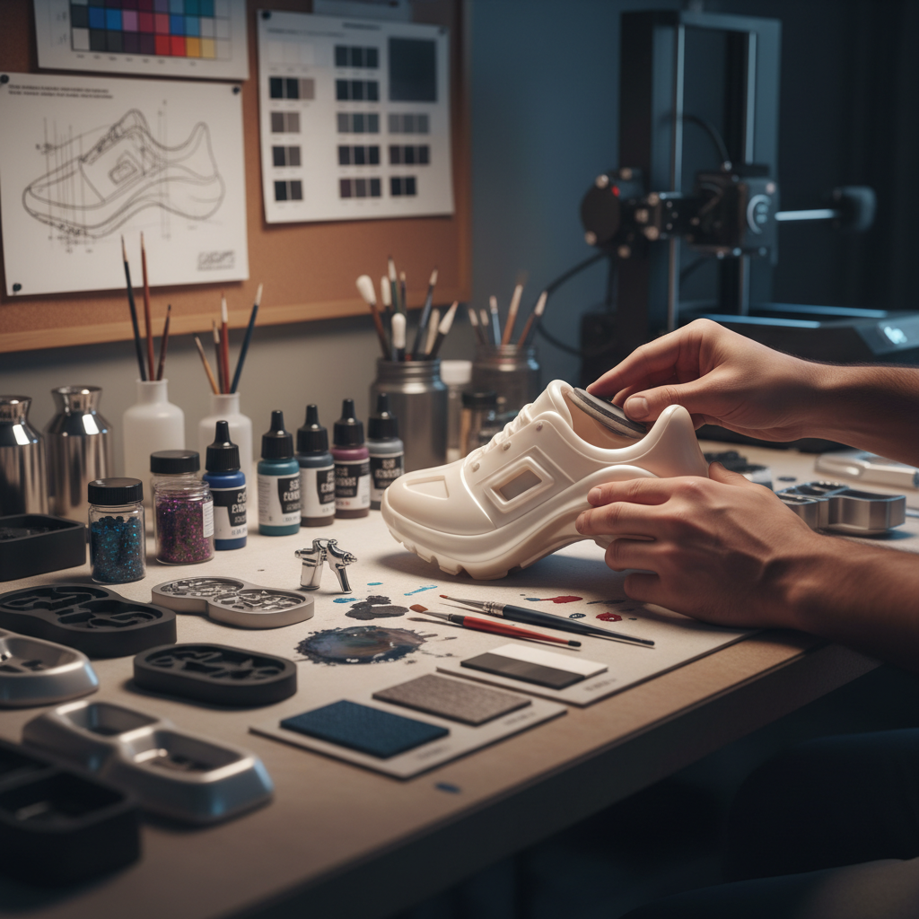Open notebook with shoe sketches and measuring tools on bright white desk, airy natural light