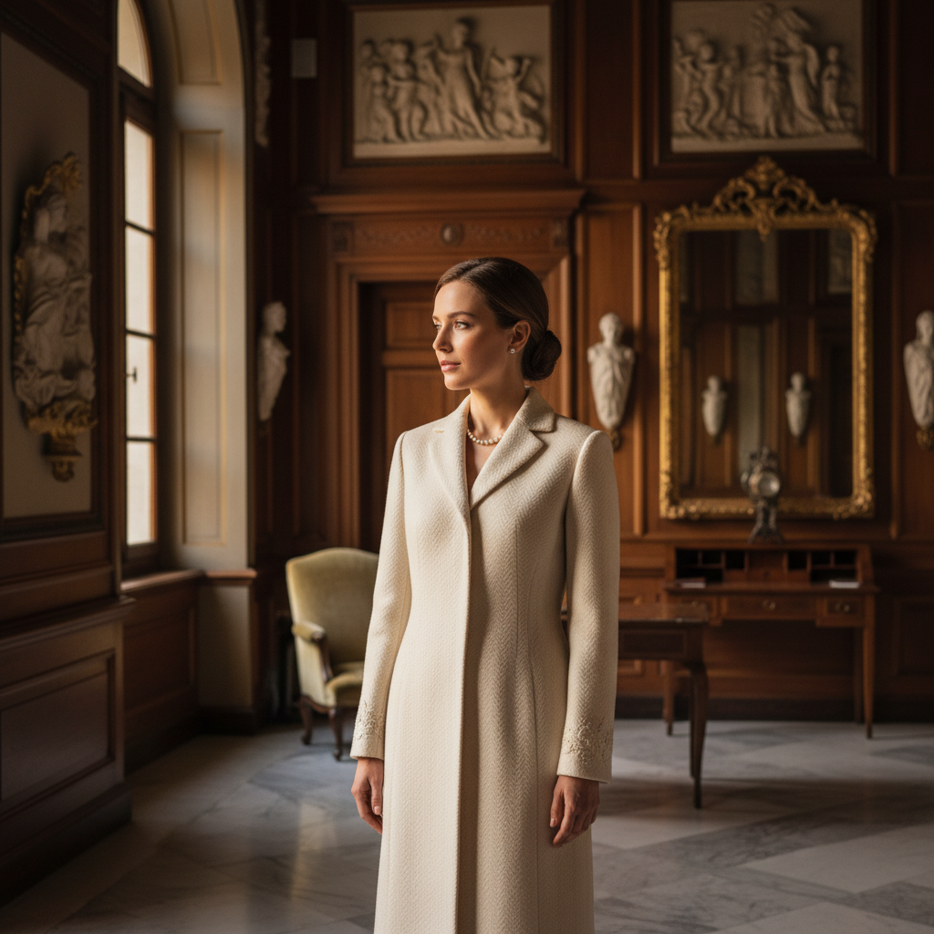 Elegant woman in tailored black coat, marble interior, dramatic side lighting, deep shadow background