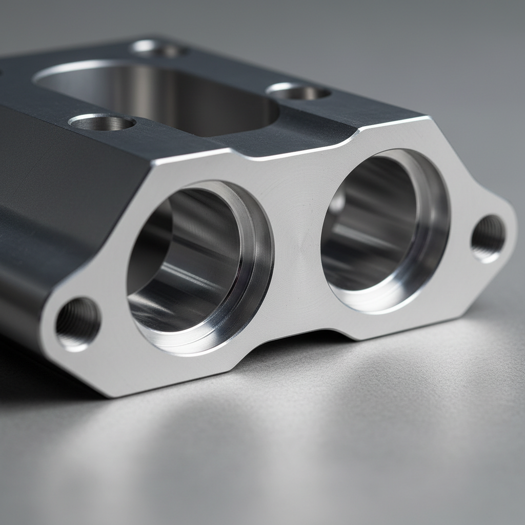 Macro photography of precision CNC machined titanium aerospace bracket with mirror-finish bores and tight-tolerance features