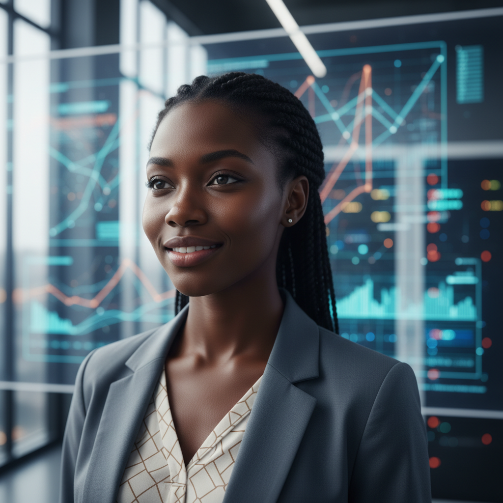 Professional headshot of a South African woman in modern office attire, technology background