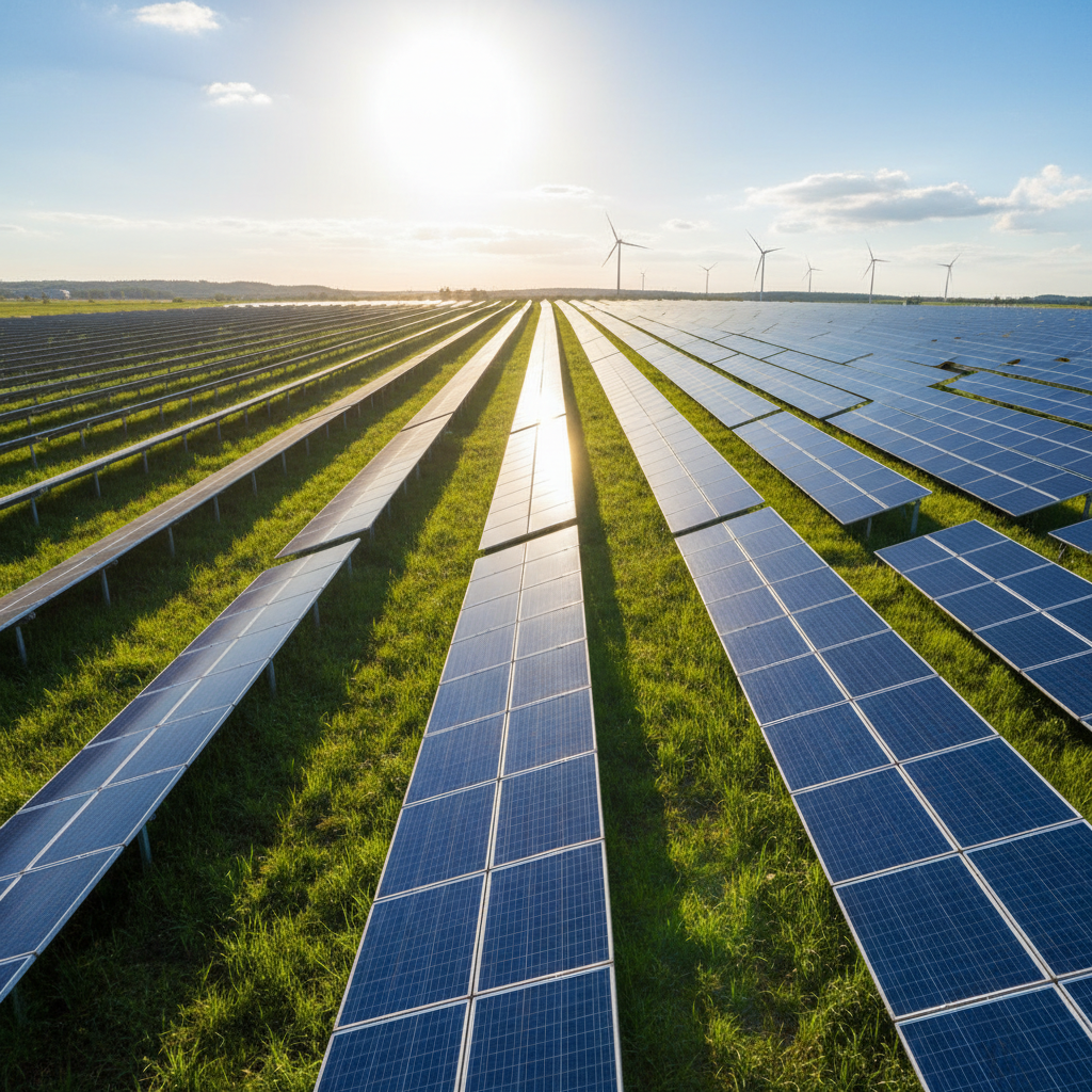Large solar power plant with rows of photovoltaic panels under bright blue sky, utility-scale renewable energy installation