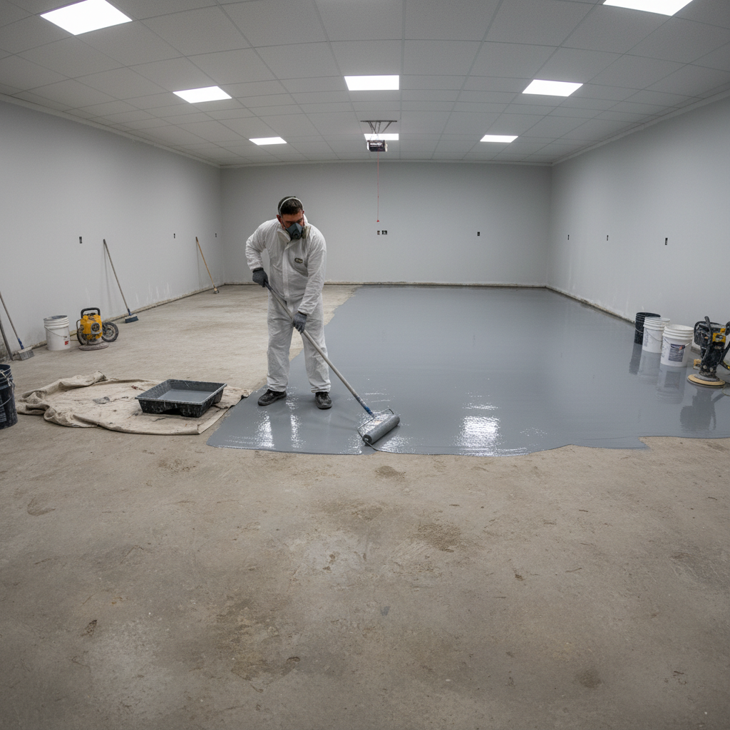 Epoxy primer being rolled onto prepared concrete garage floor