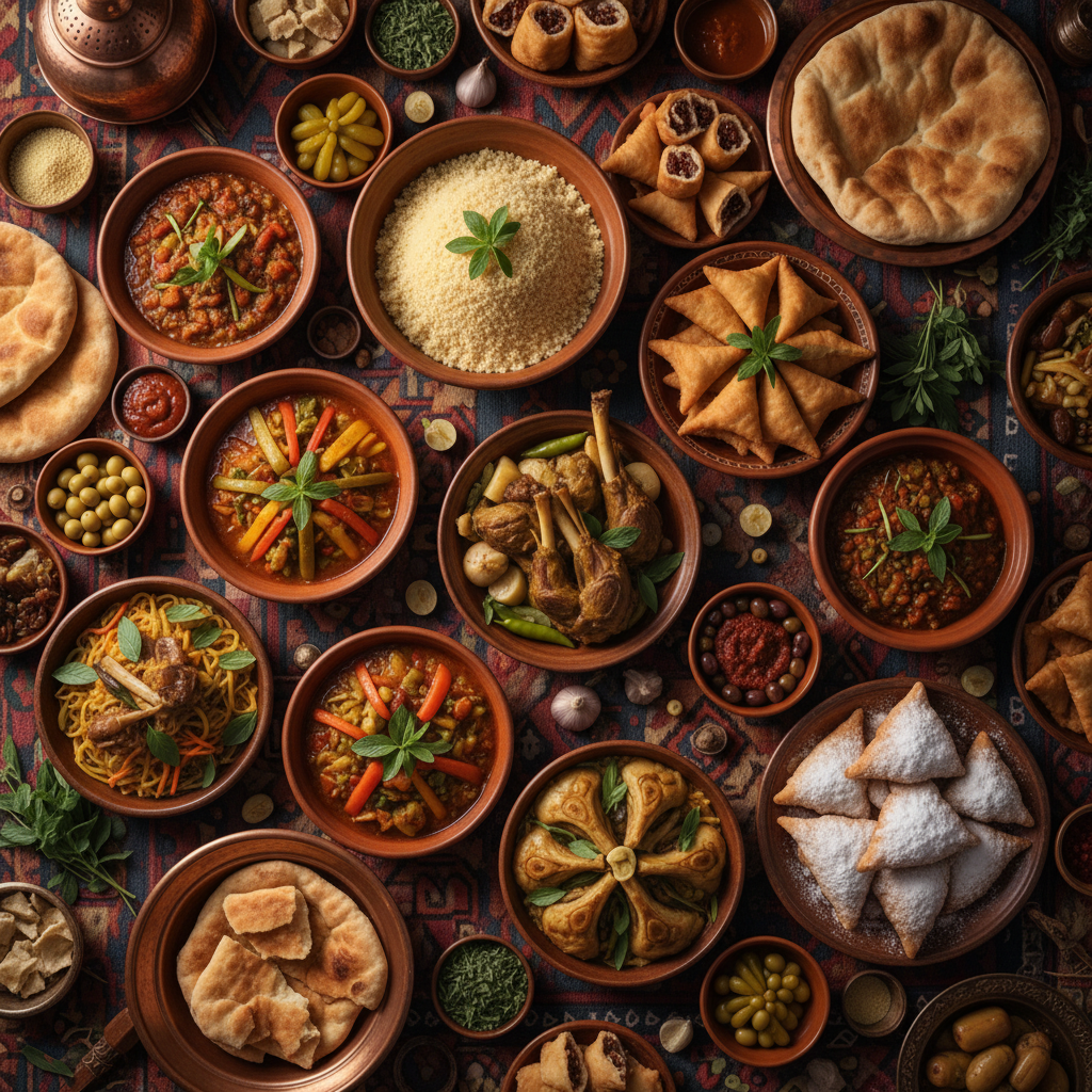 Overhead feast shot showing all seven Moroccan dishes arranged on a linen-covered table, copper serving ware gleaming in natural light
