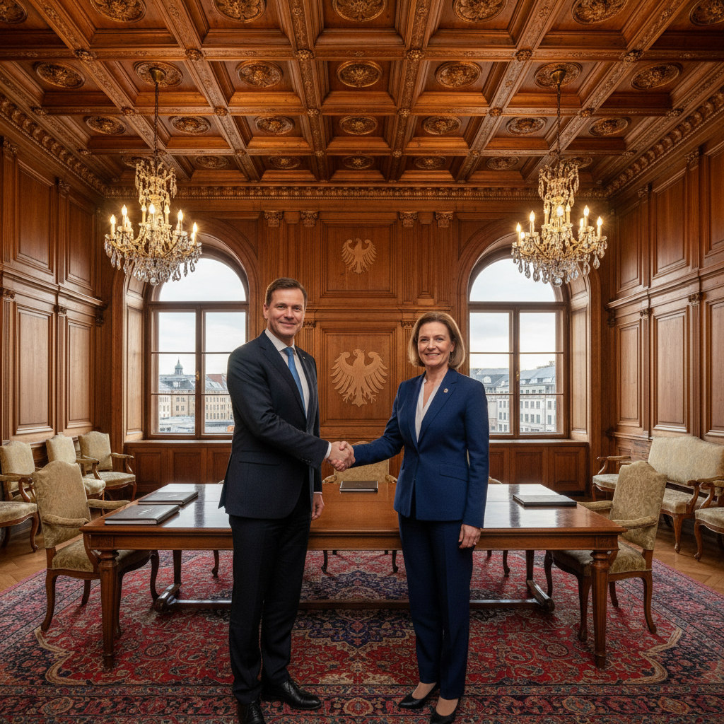 Two professionals in formal attire shaking hands in a government building, German architecture, warm interior lighting, official diplomatic meeting