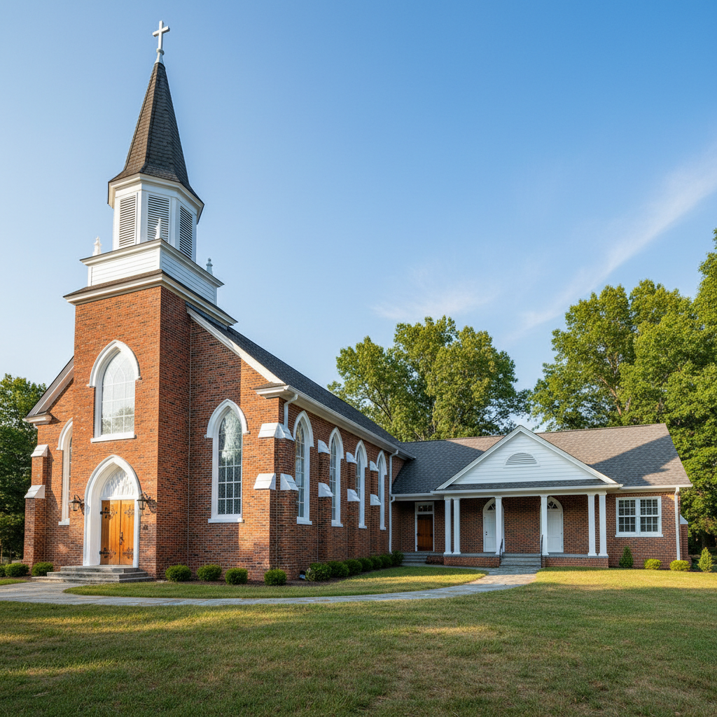 Wide exterior view of red brick Episcopal church with freshly painted white trim, steeple, and fellowship wing