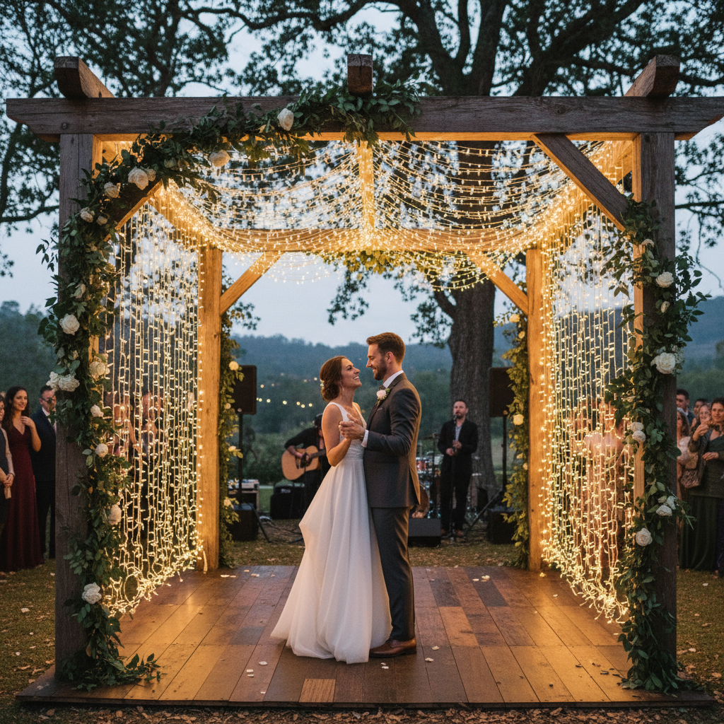 Wedding first dance under fairy lights, romantic warm golden glow, elegant venue