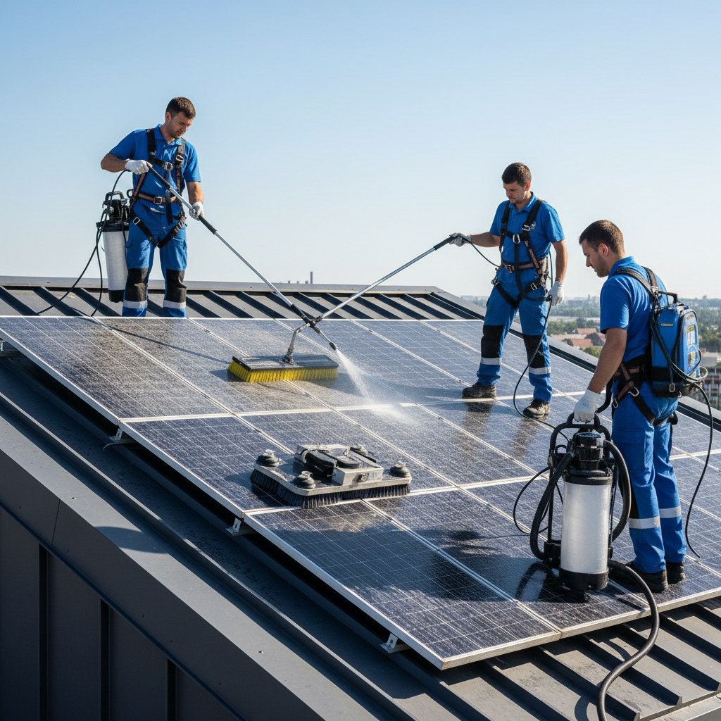 Rows of rooftop solar panels being cleaned