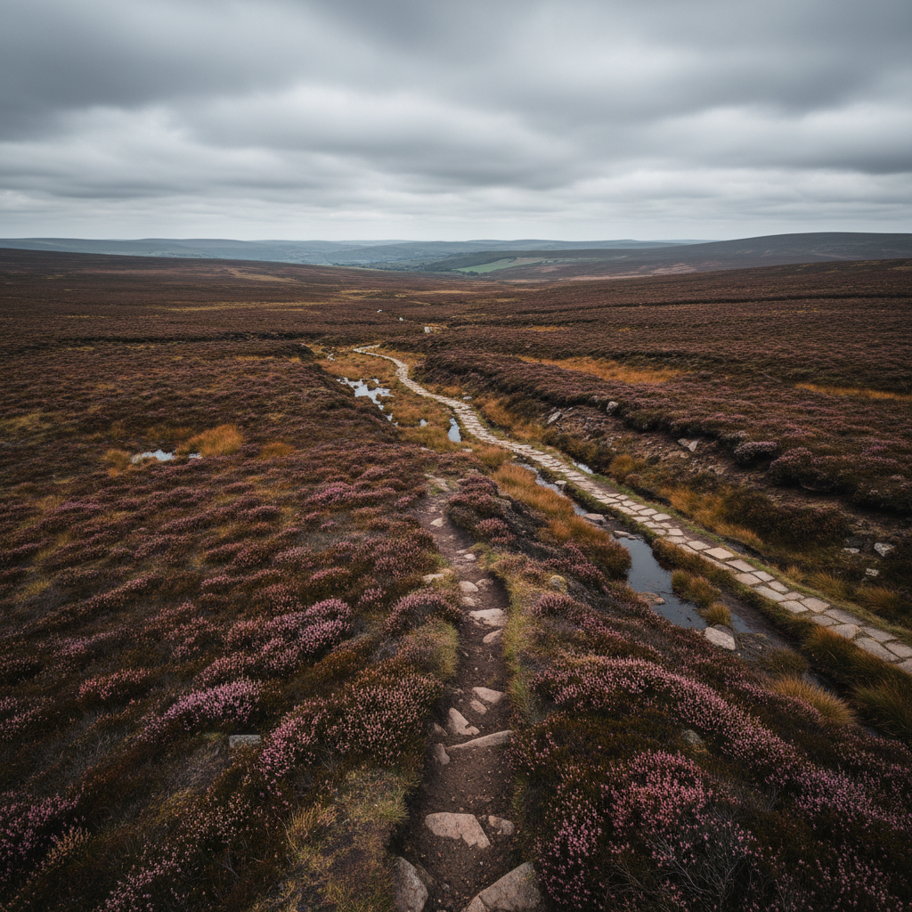 Moorland Pennine Way path across Bleaklow with heather and peat bogs
