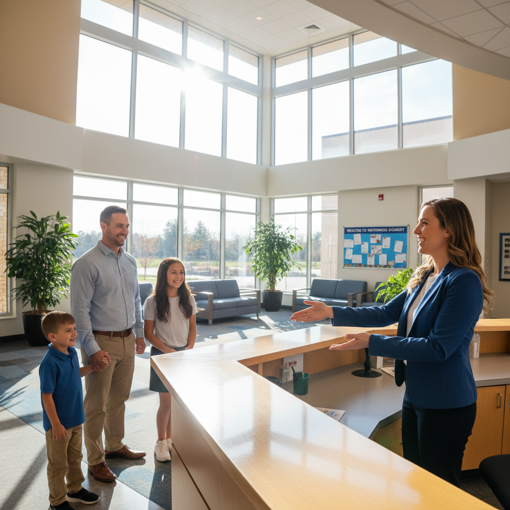 School admin office with bright welcoming entrance, staff at reception desk, community school atmosphere
