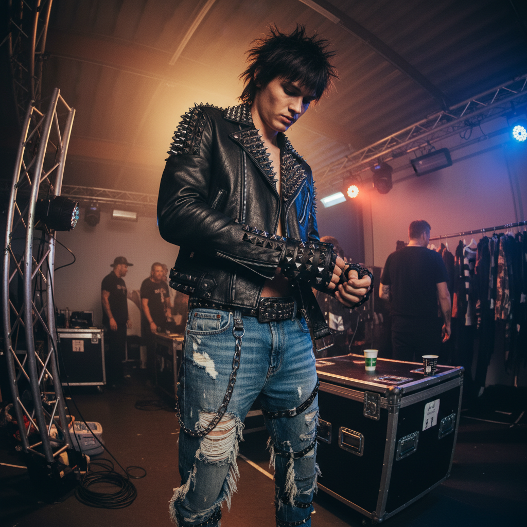 Model wearing studded leather accessories and ripped denim backstage before a show