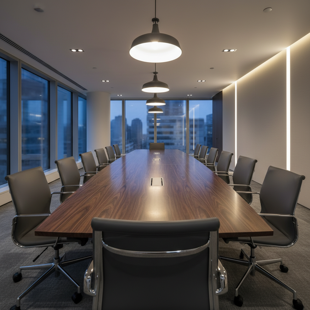 Empty conference table in dark walnut with eight leather chairs and pendant lighting above