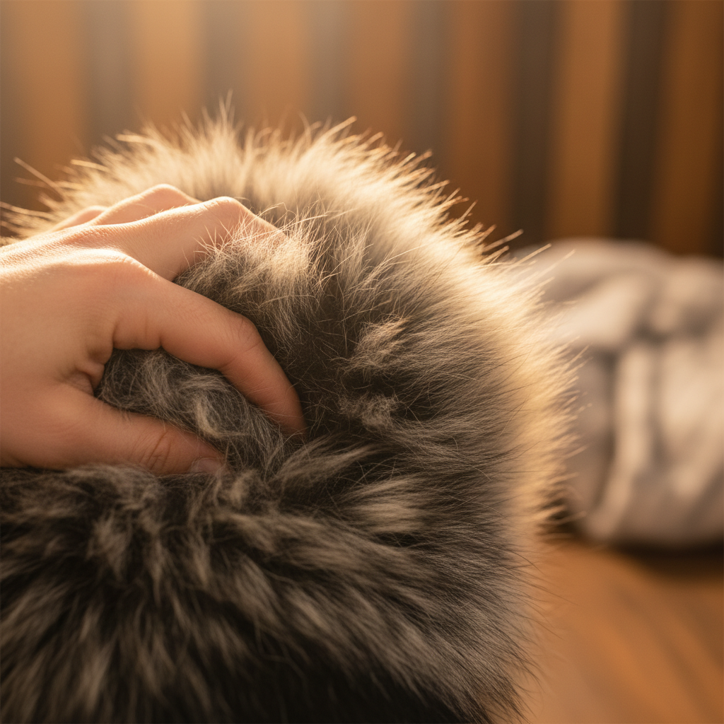 Groomer fingers parting thick German Shepherd undercoat, warm studio light