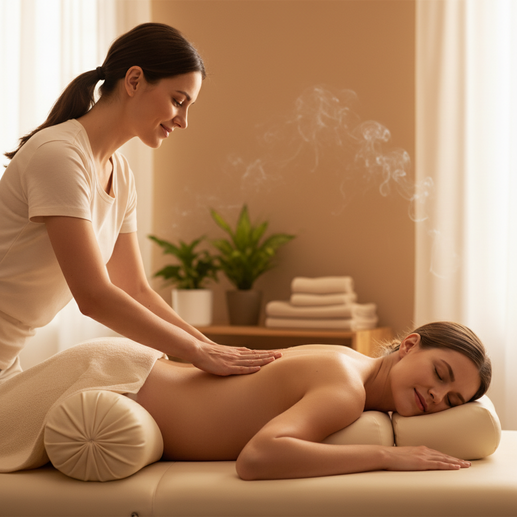 Spa massage therapist performing a back massage on a client lying on a white massage table with warm ambient lighting