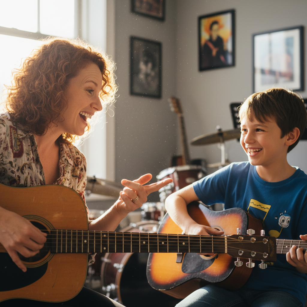 Music teacher giving guitar lesson to young student
