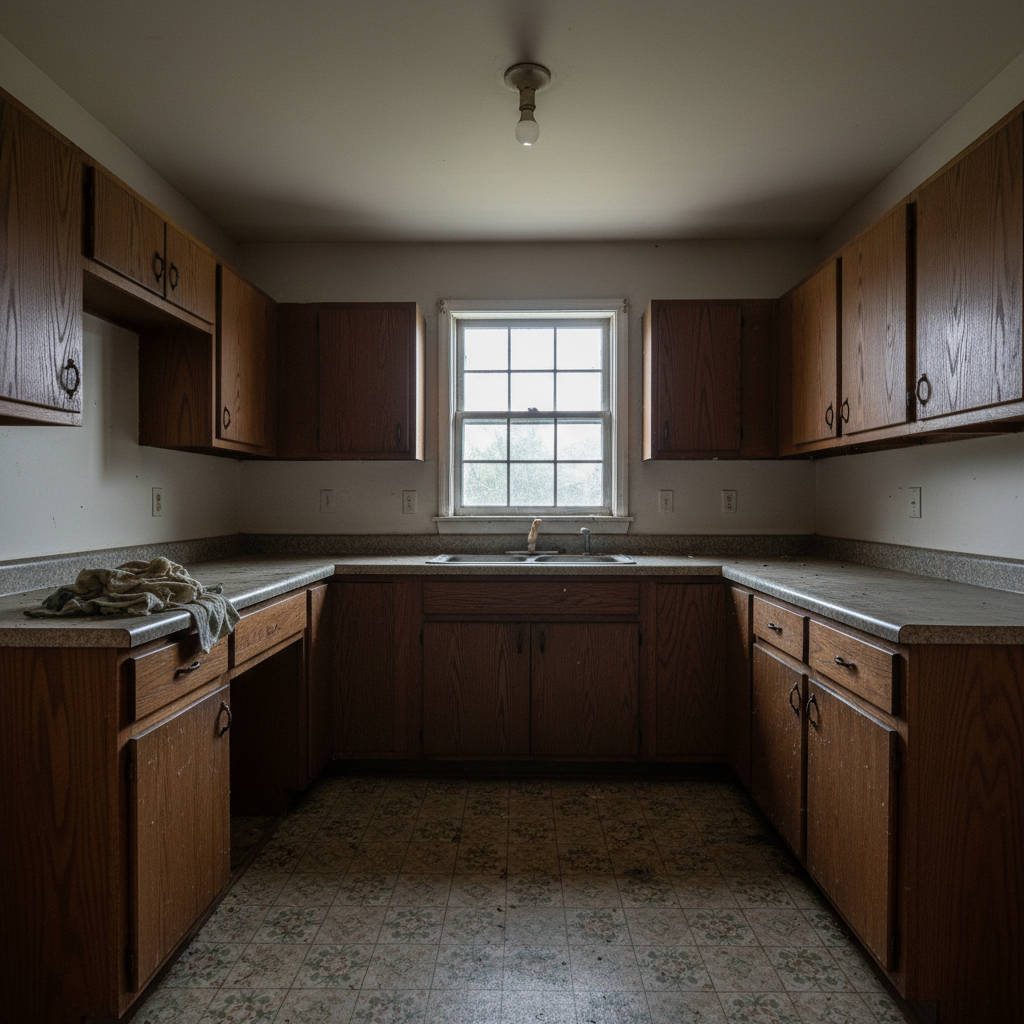 Kitchen space before renovation showing outdated cabinets and layout