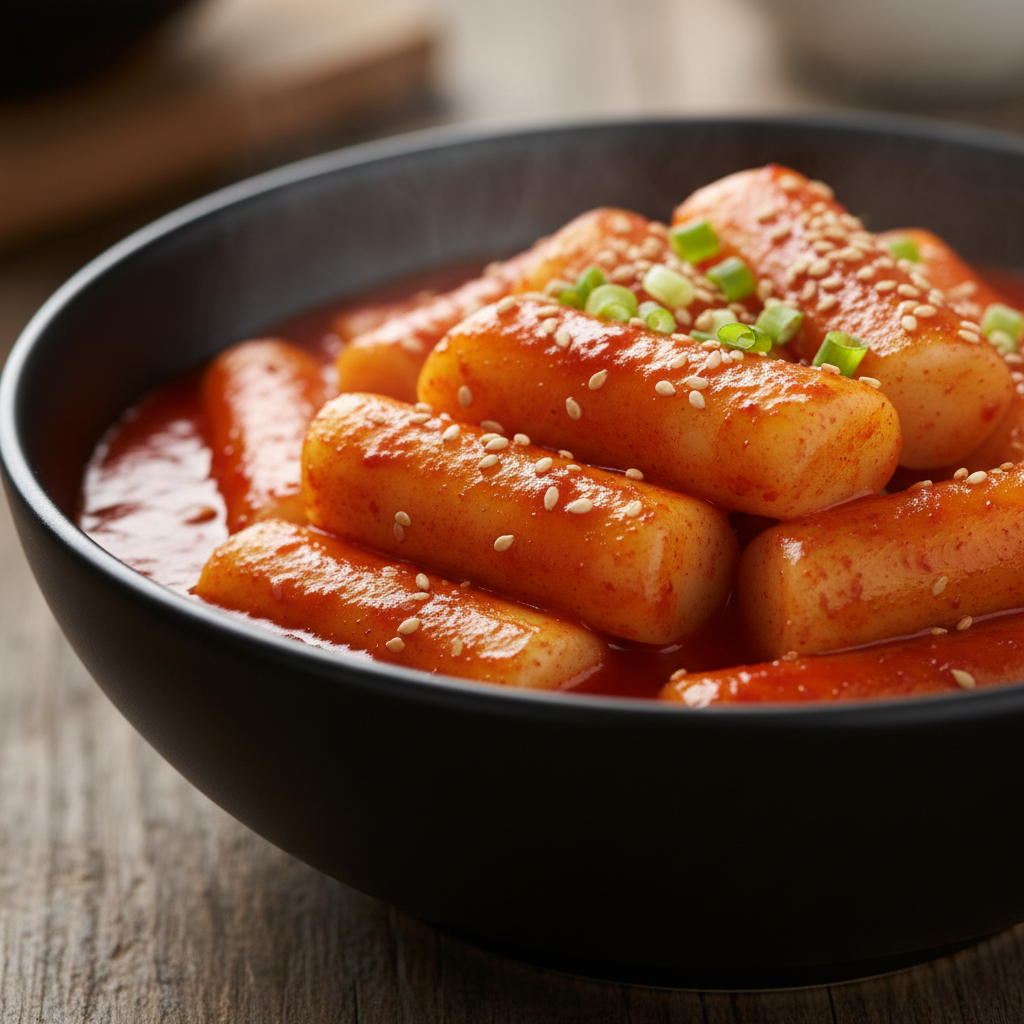 Tteokbokki chewy Korean rice cakes in rich red spicy-sweet sauce in stone bowl