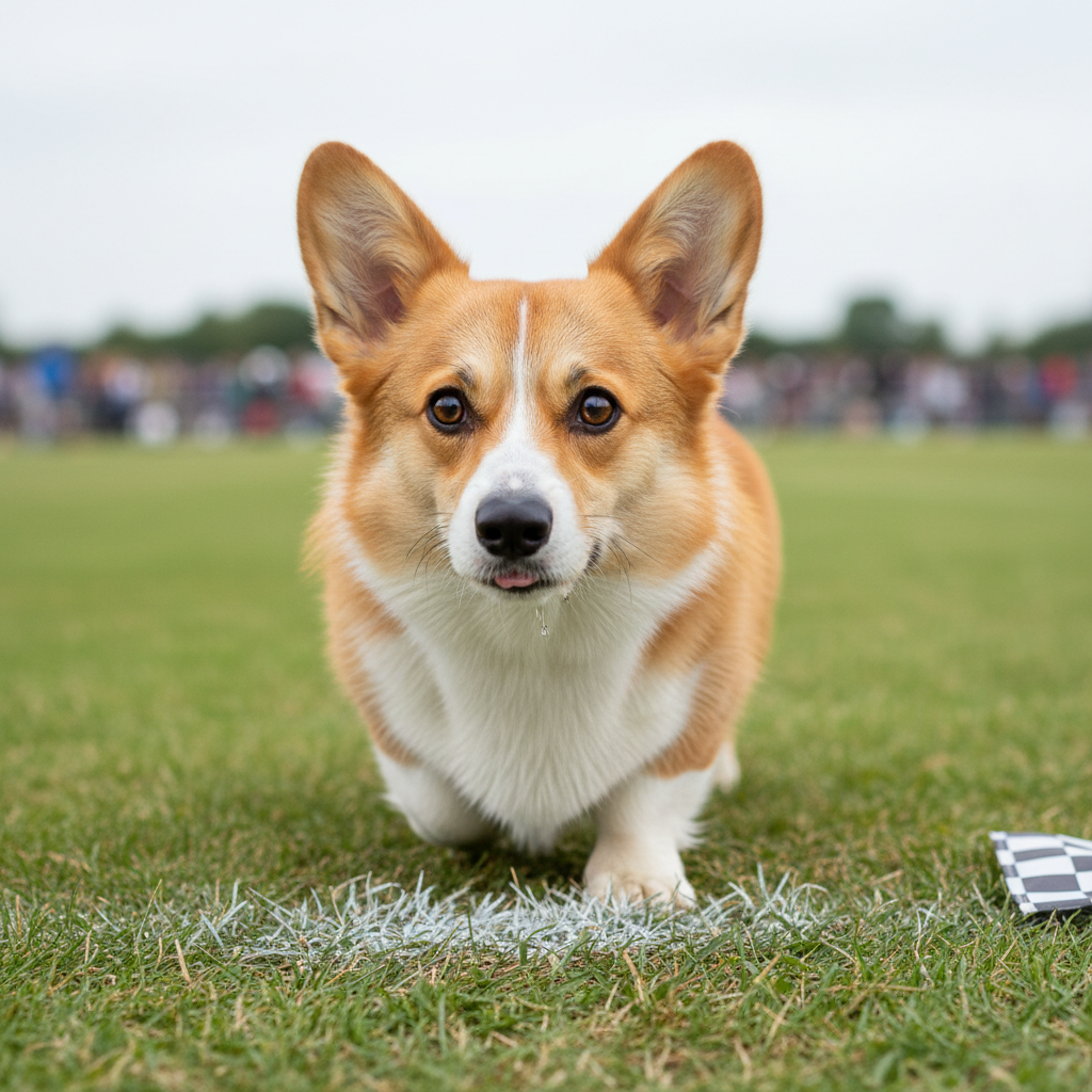 Corgi looking focused at the start line
