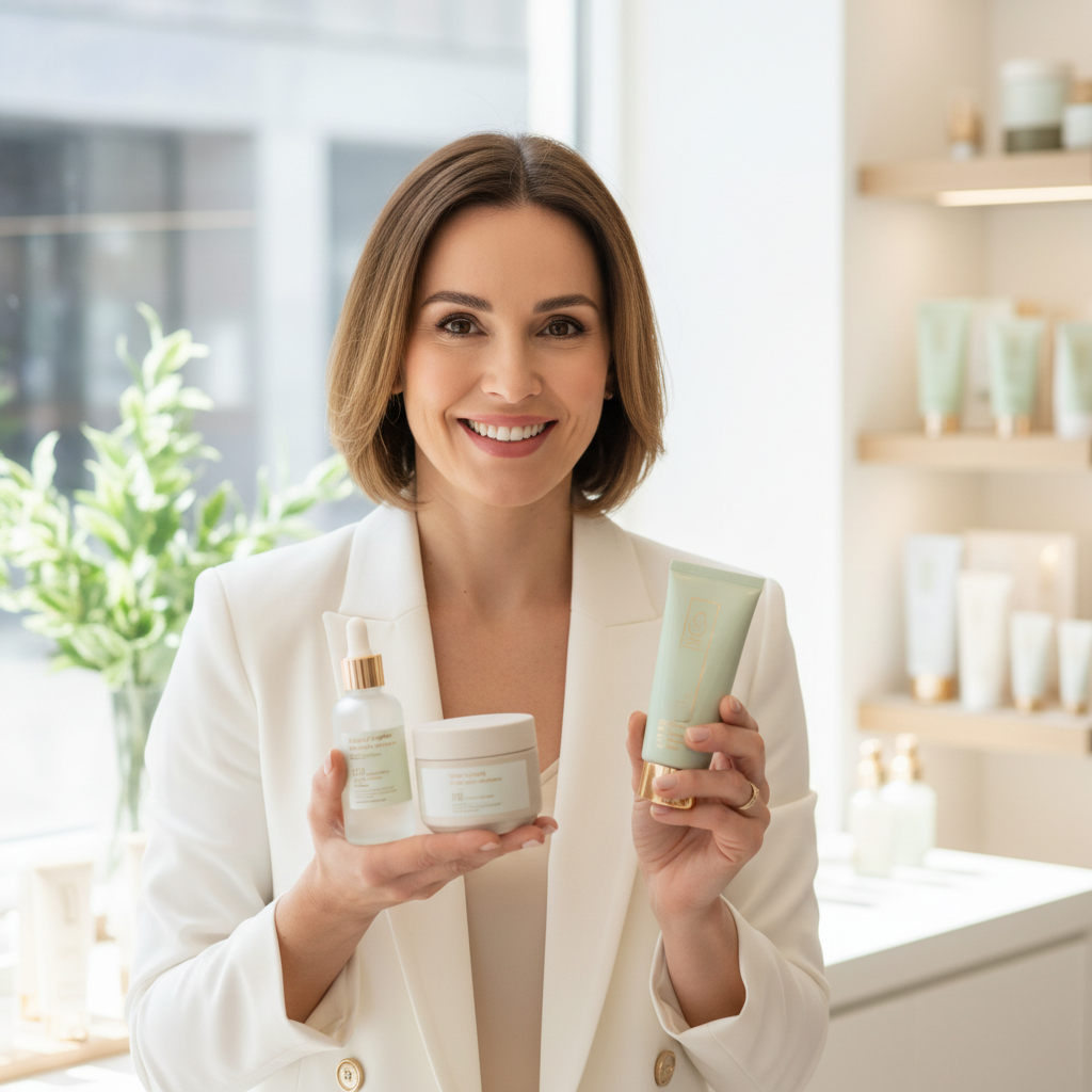 Female beauty consultant in white uniform holding skincare products