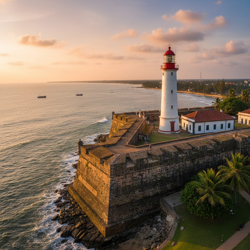 Galle Fort lighthouse and Dutch colonial walls at sunset, Sri Lanka south coast, warm golden light