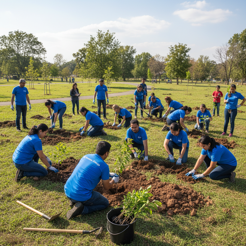Young volunteers planting trees in a neighborhood park, bright natural light