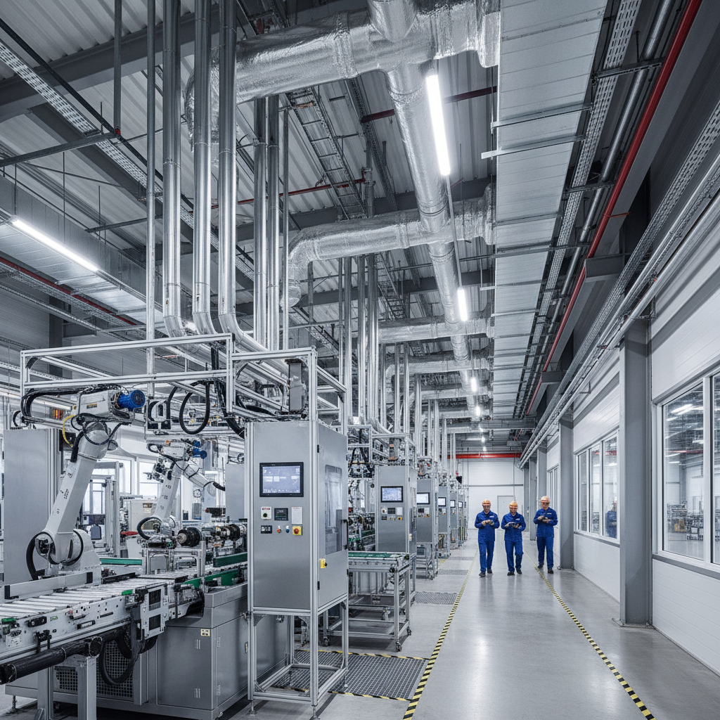 Industrial facility walkthrough showing machinery and ventilation systems in a manufacturing plant
